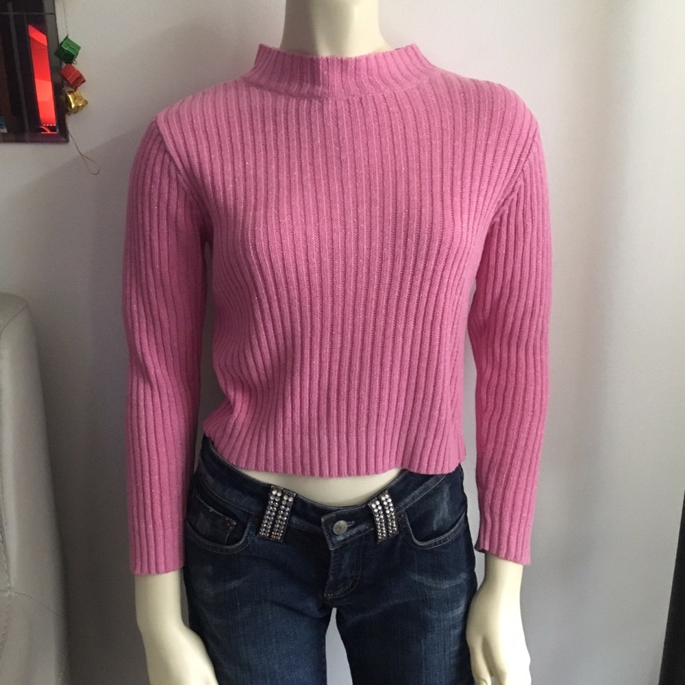 Vintage 90s pink glitter crop turtleneck sweater s